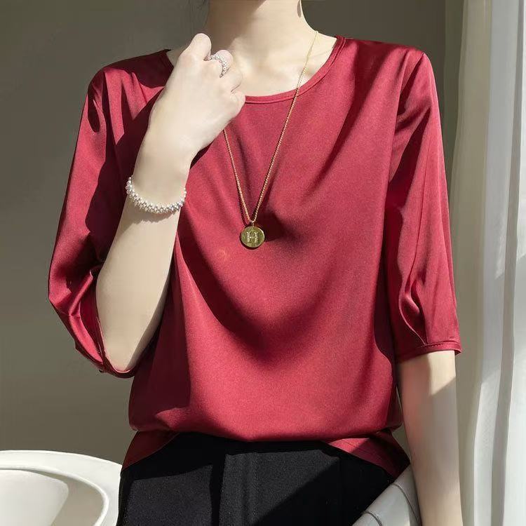 Mulberry Satin Shirt Kru Leher Lengan Pendek Atasan Wanita