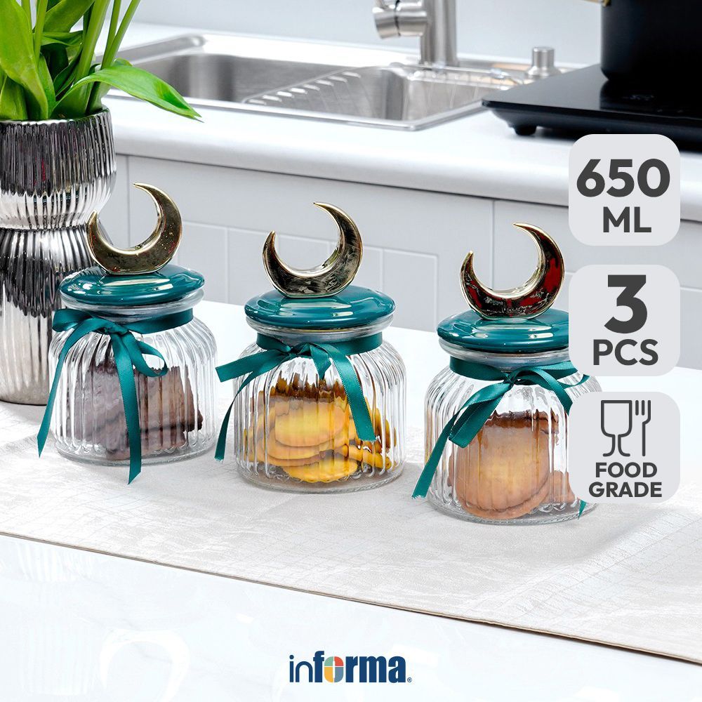 Informa 650 ml Set 3 pcs Gold Moon Stoples Kaca - Transparan Jar Tempat Simpan Snack Dan Permen Seto
