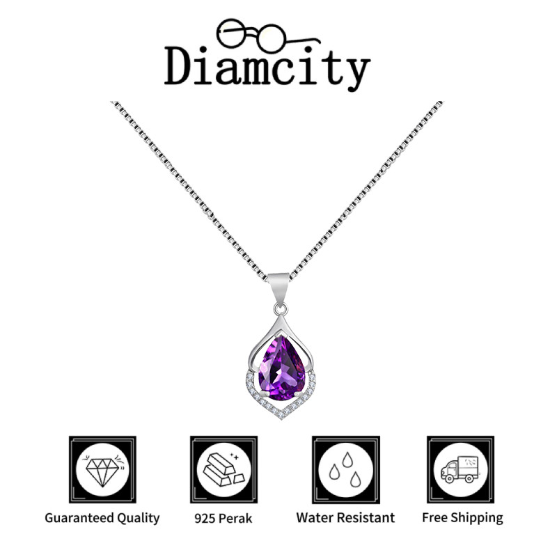 Liontin Tetes Air Berlian Ungu Elegan Perak 925 untuk Wanita