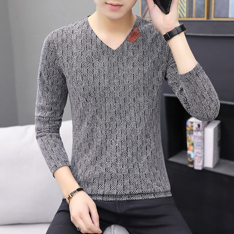 Kepribadian Pemuda Lengan Panjang Pria V Kerah Grid Santai T Baju Kaos