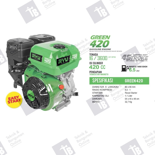 RYU Gasoline Generator RS420 16 HP / Mesin Penggerak RS 420 Green 9HP FREE PETI KAYU