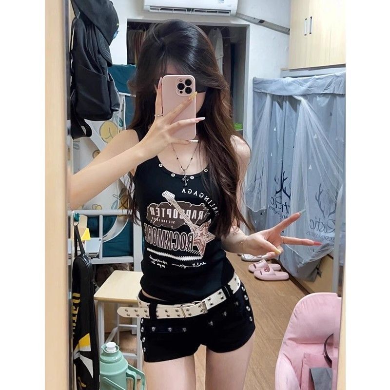 Atasan T-shirt Rompi selempang rock punk retro Amerika musim panas wanita desain produk baru dicetak