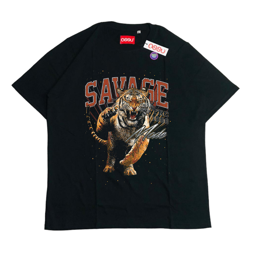 OSSU TSHIRT VINTAGE TIGER SAVAGE MODE BLACK WASHED