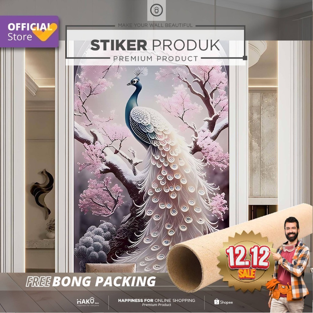 Stiker Dinding | Stiker Dinding Merak Bunga 3D | Stiker Dinding Motif Merak 3D | Stiker Dinding Gamb
