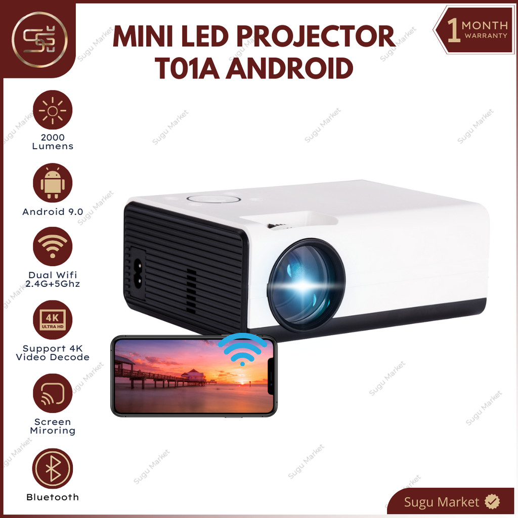 Proyektor T01A Android 9.0 2000 Lumens | Projector Wifi Bluetooth 2000 Lumens | Proyektor Mirorring 
