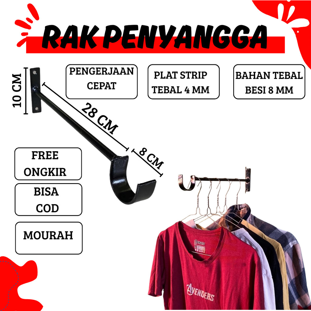 siku besi penyangga jemuran baju tempel dinding. gantungan hanger serbaguna