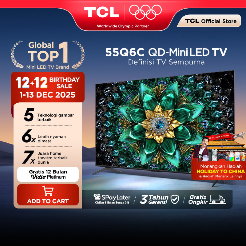 TCL 55 Inch QD-Mini LED TV Q6C - AiPQ Pro Processor - 6in1 Healthy Eye care - 144Hz - Smart Android 