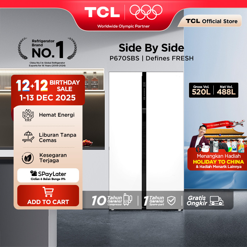 TCL Kulkas 2 Pintu Side by Side - Kapasitas 520L - Holiday Mode - Twin Eco Inverter - AAT Gen 2 Natu