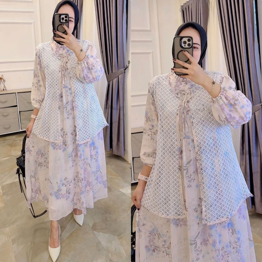 (jerry C) LIBUNCA - Midi Dress Wanita Muslim Krah Shanghai Variasi Pernik Mutiara Non Busui. Bahan C