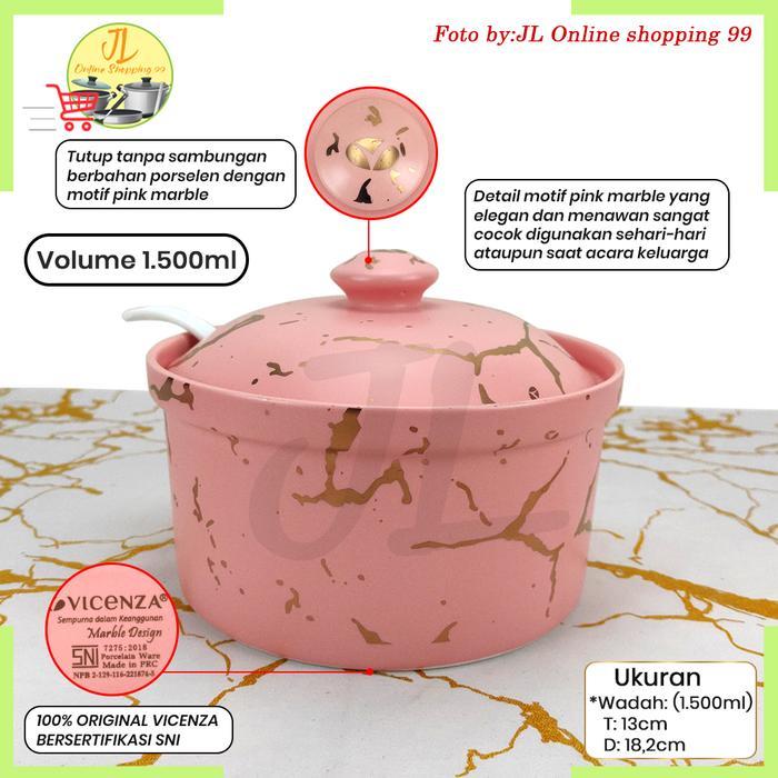 VICENZA 17pcs prasmanan set bulat motif pink marble / wadah saji putar keramik lengkap + sendok / ca
