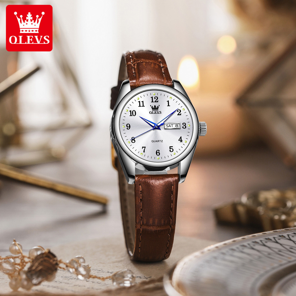 OLEVS Jam Tangan Cewek Anti Air Original 100% Kulit Strap Jam Tangan Perempuan Analog Kuarsa Classic