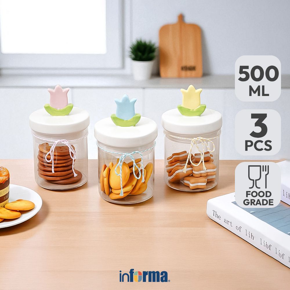 Informa 500 ml Set Tulip Stoples Kaca 3 Pcs Transparan Jar Tempat Simpan Snack Dan Permen Setoples T