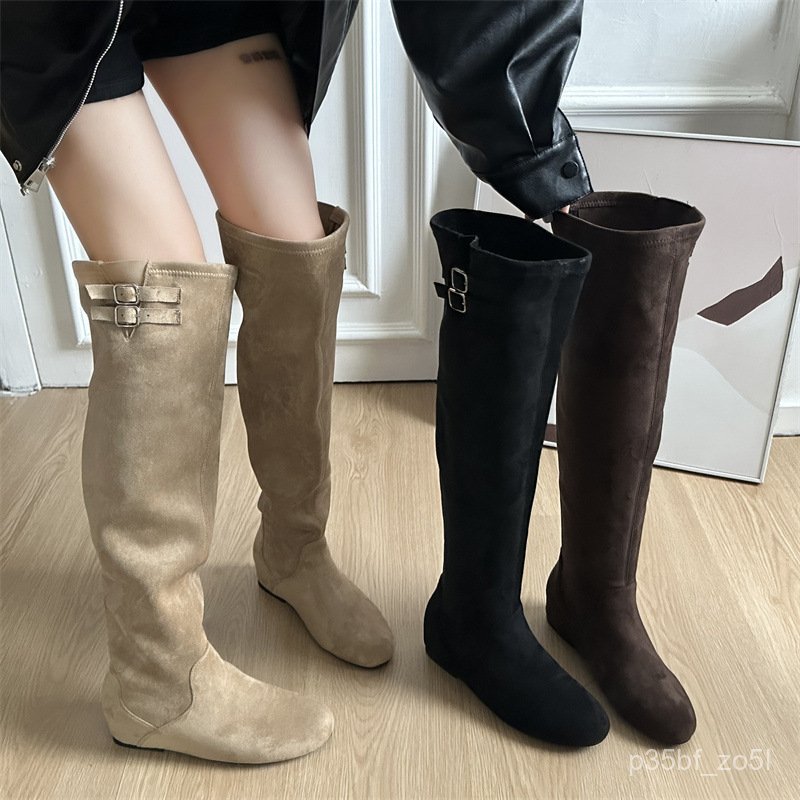25cm Women's Boots Long Boots Suede Inner Height Increase Suede Retro Over-the-Knee Denim Western Bo