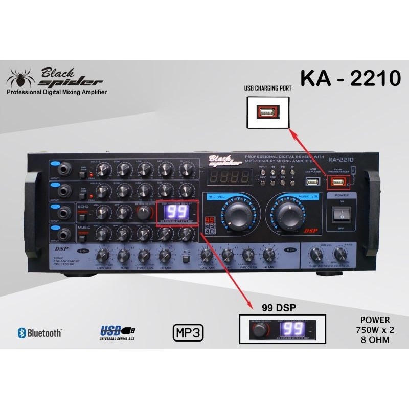 Power Amplifier Black Spider KA 2210 4ch Efek Digital Reverb Power 750 Watt USB Bluetooth Player Kua
