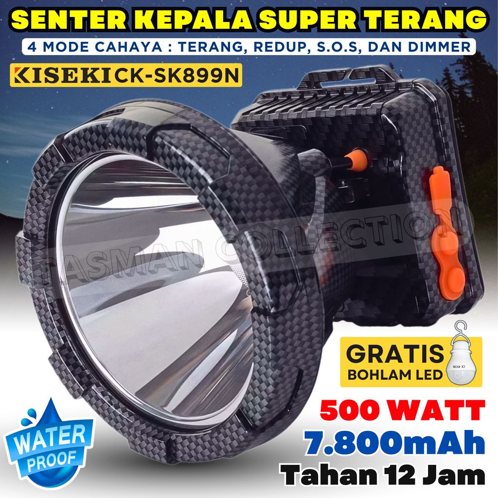 promo toko Senter Kepala 500W KISEKI CK-SK899N Premium | 7.800mAh Cahaya Putih Tahan 12-24 Jam | Tah