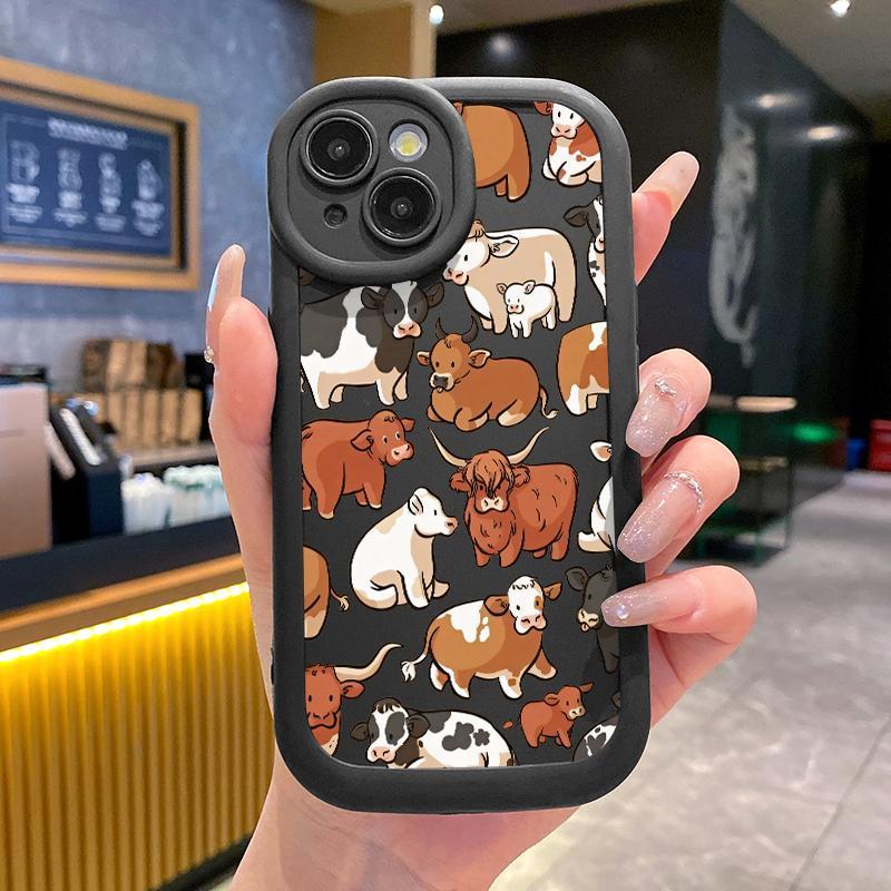 Case For Iphone 11 13 Pro Max 12 15 7 Plus8 Plus X XS XR Soft Silicon TPU Binatang Sapi Lens Prtecto