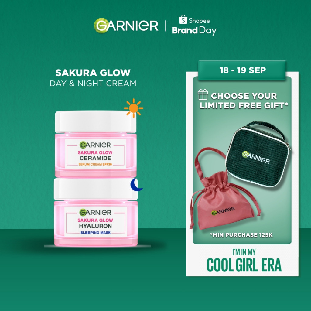 GARNIER Sakura Glow Ceramide Skin Barrier Simple Set Day Cream & Night Cream 50 ml Krim Siang & Krim