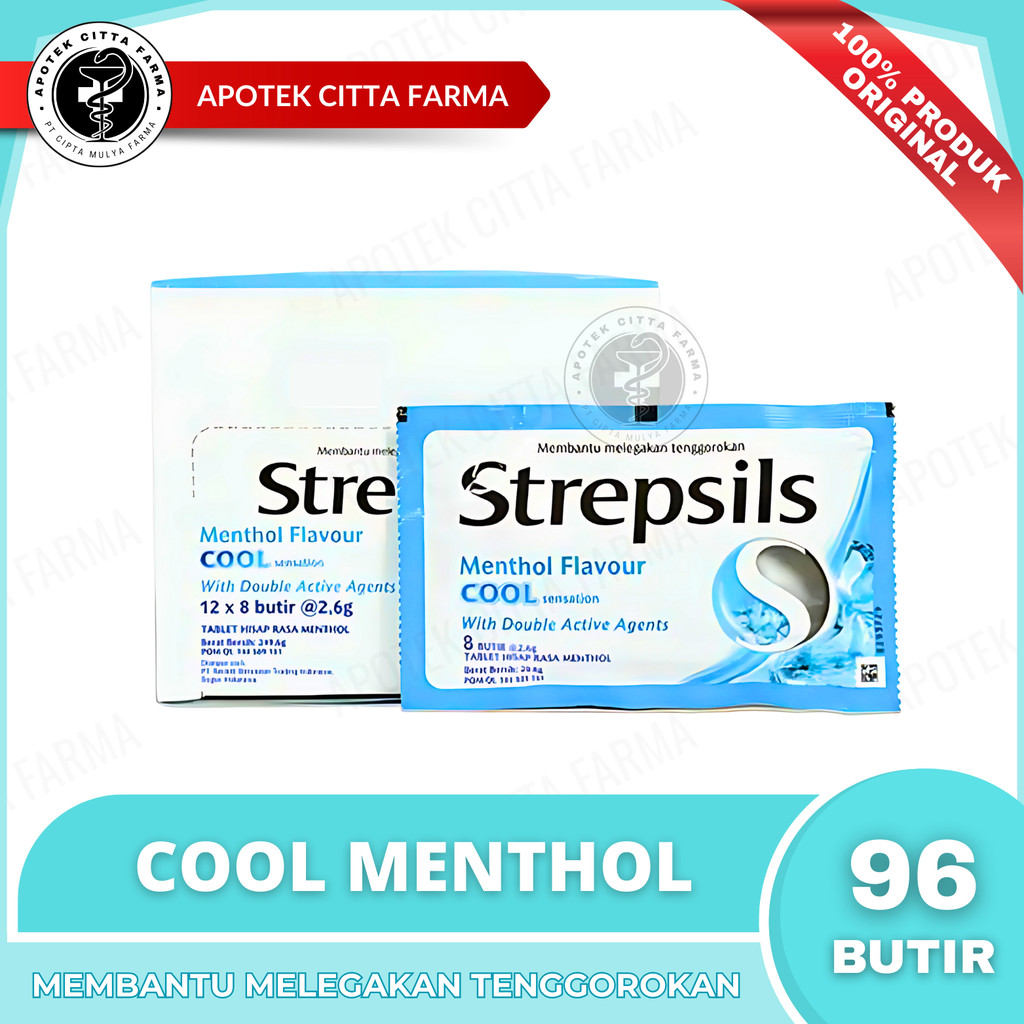 Strepsils Cool 1 Box @ 12 Sachet @ 8 Butir Permen - Permen Pelega Tenggorokan / Menyegarkan Bau Mulu