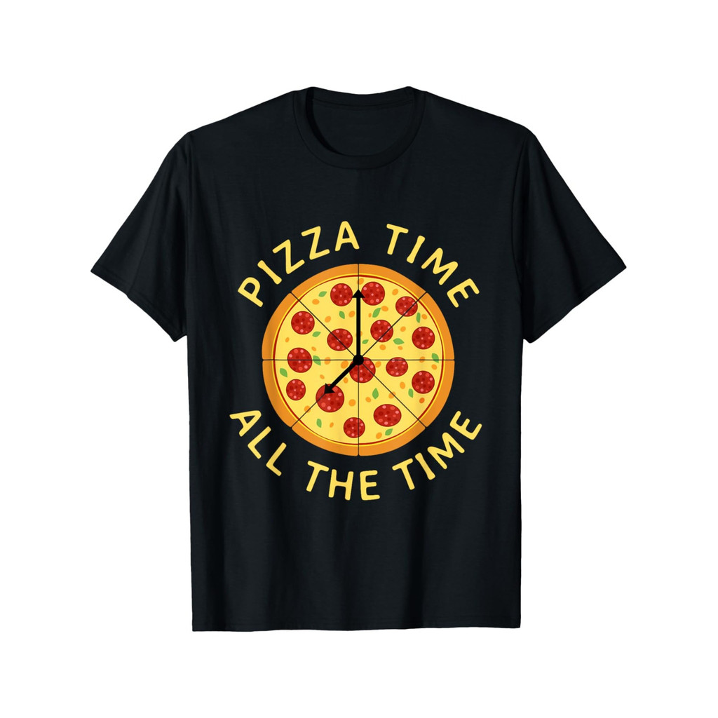 Kaos Pria Hitam Katun Lengan Pendek Kerah Bulat Desain Unik: Pizza Time Selamat Tahun Baru 2025 Kemb