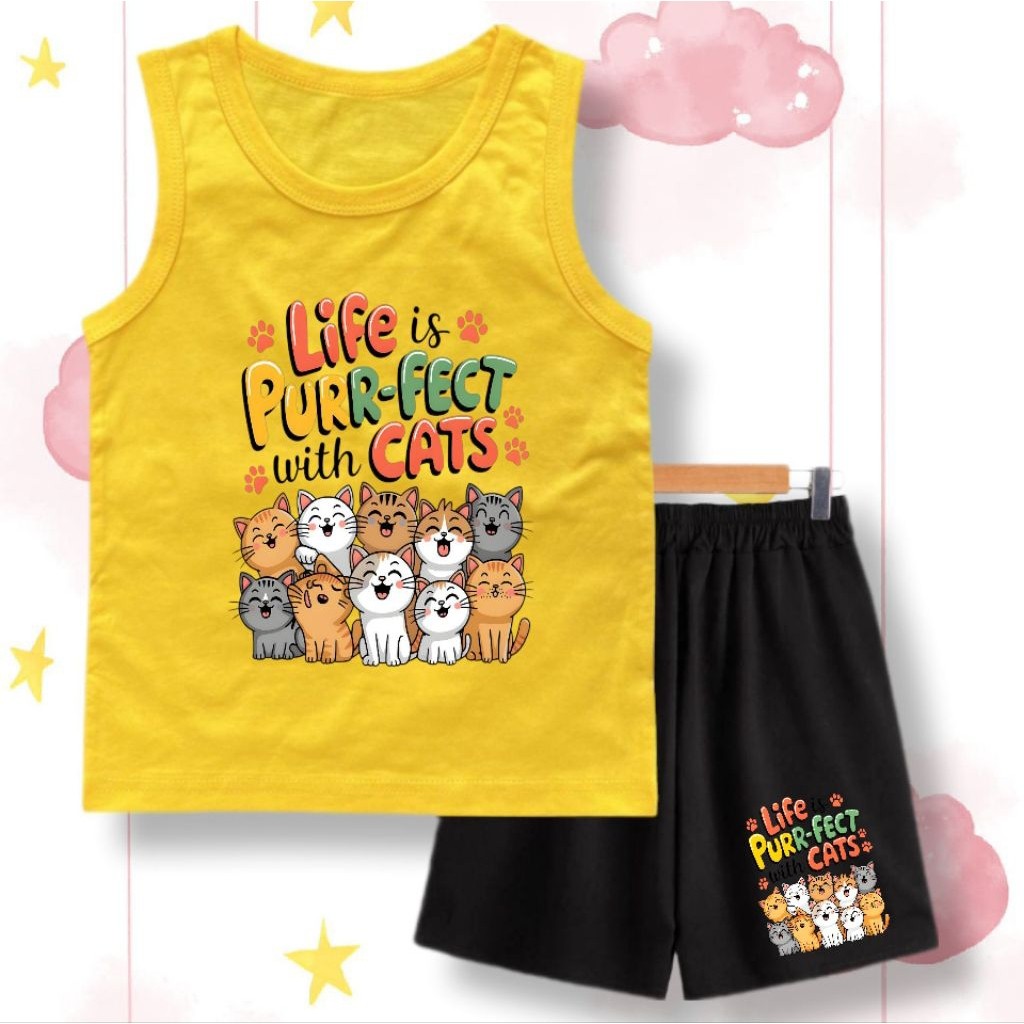 SETELAN SINGLET ANAK PEREMPUAN KUCING 2-8 TAHUN