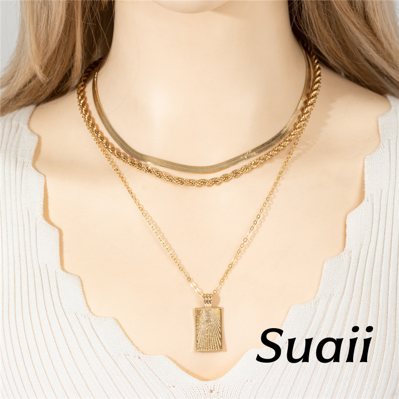 [Suaii] Kalung Logam Emas Multi Lapisan Cincin Pagar Desain Pintal Bisa Ditumpuk Rantai Ular Rantai 