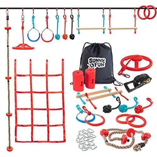 50 Foot Ninja Slackline Monkey Bar & Climbing Rope – Kids Gym Swinging Obstacle Course Set Training
