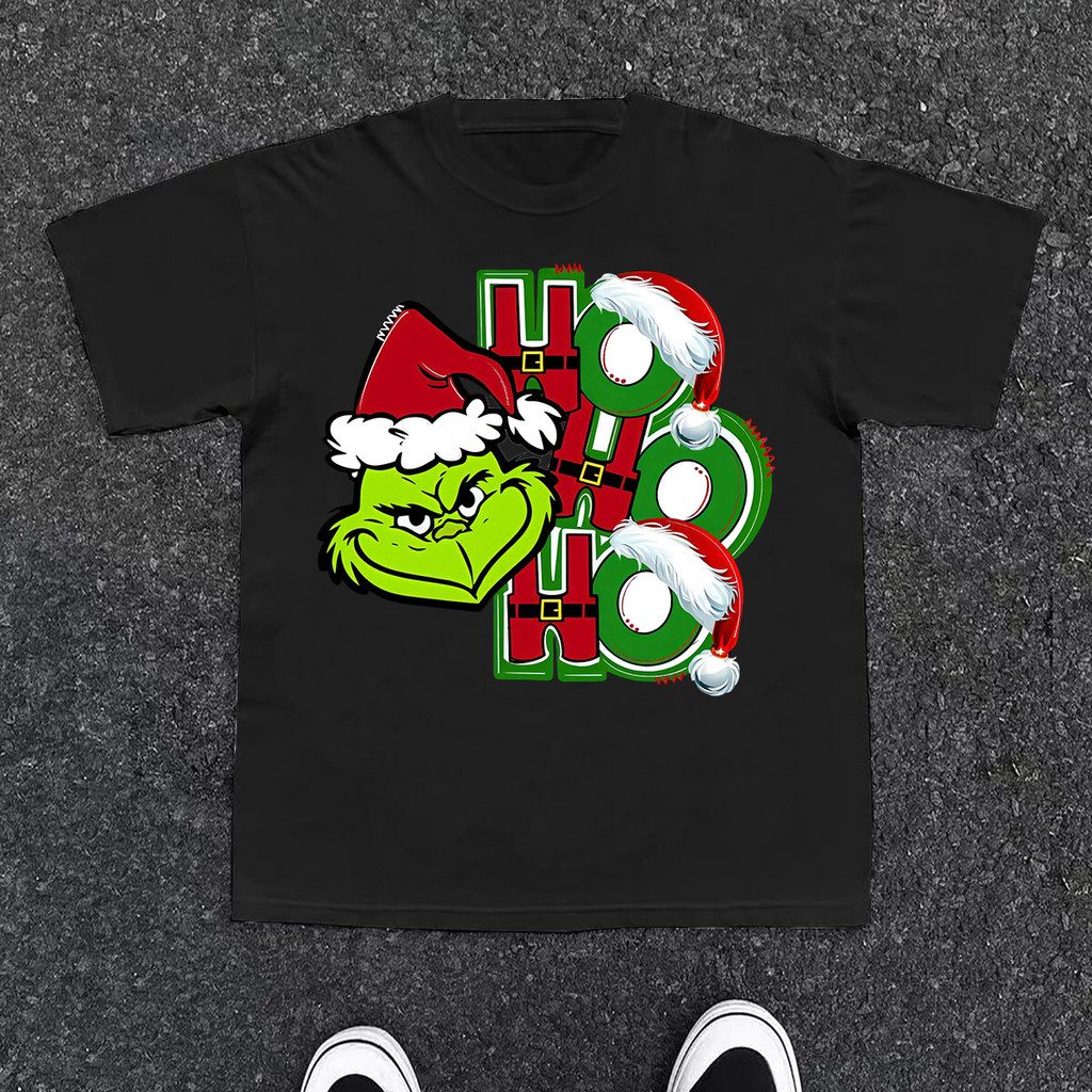 Kaos Leher Kru Kasual dengan Cetakan Lingkaran Natal Grinch, Pakaian untuk Musim Panas