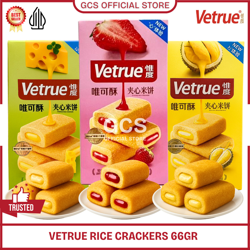 Vetrue Rice Crackers Taiwan 66g - Biskuit Beras Import Isi Krim Durian Musang King Keju Strawberry