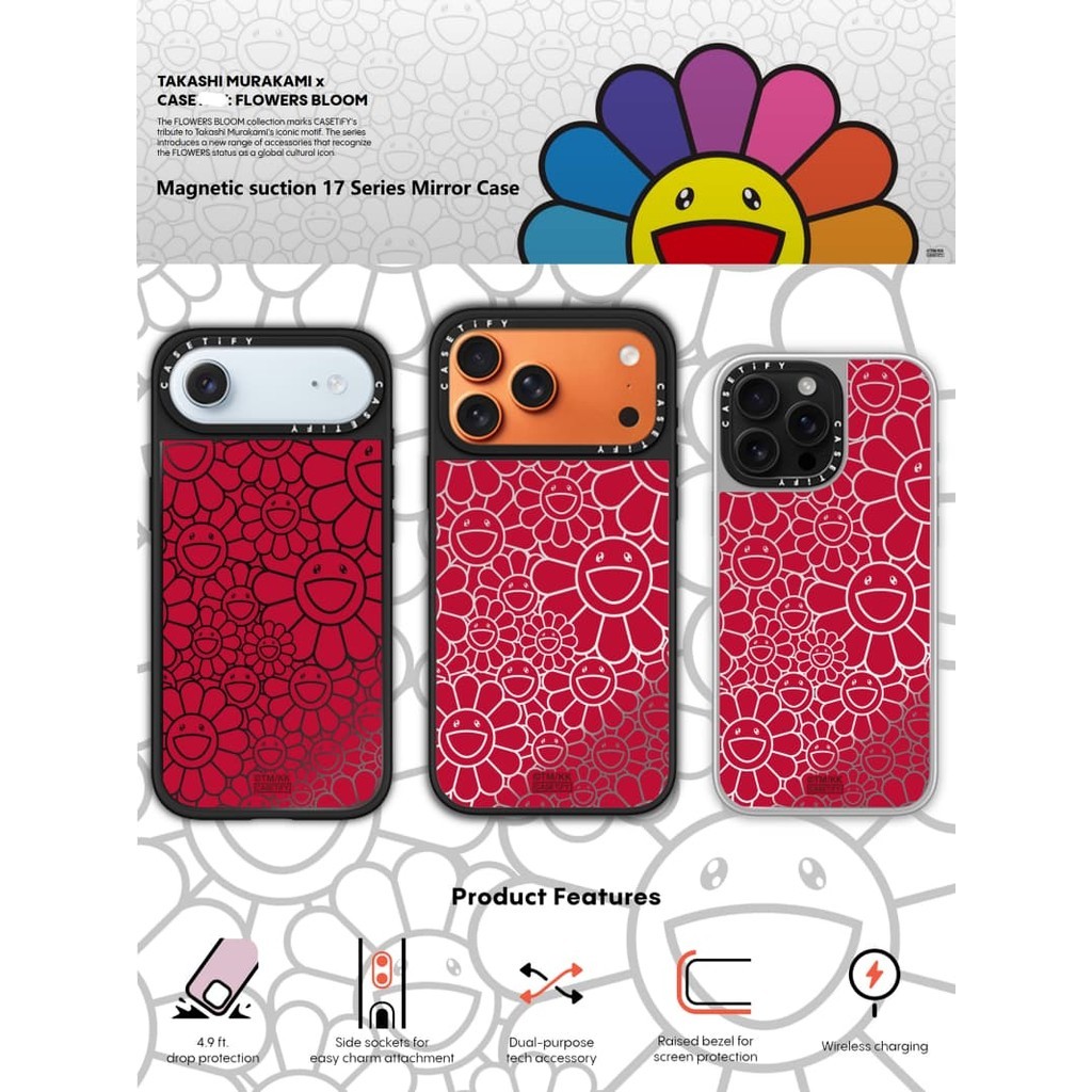 TAKASHI MURAKAMI x CASECASE: FLOWERS BLOOM MULTI-FLOWERS (RED) Black&Sliver Mirror Magnetic suction 