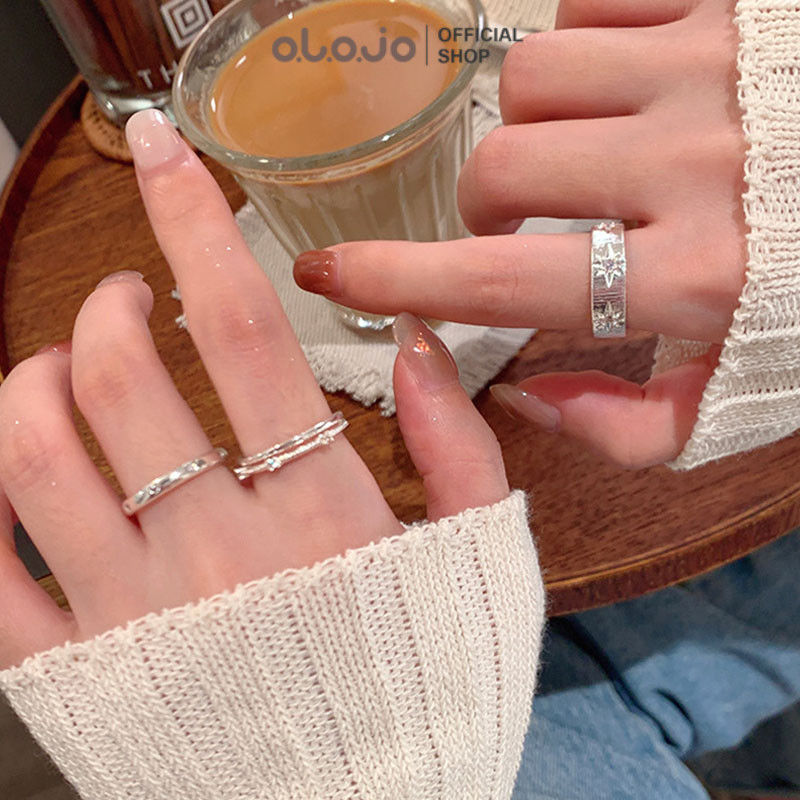 OLOJO 3PCS/Set Cincin Pembukaan Potong Wanita Ceruk Cincin Jari Telunjuk Cincin Utama Gaya Korea