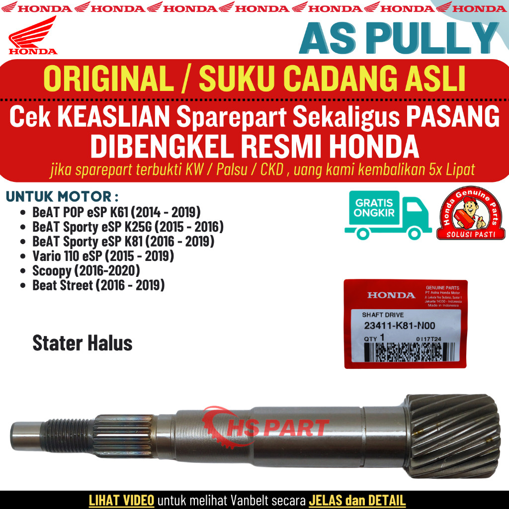 AS Pully Pulley Beat Fi Esp Street POP Scoopy Vario 110 Fi Esp Stater Halus Original Honda 100%