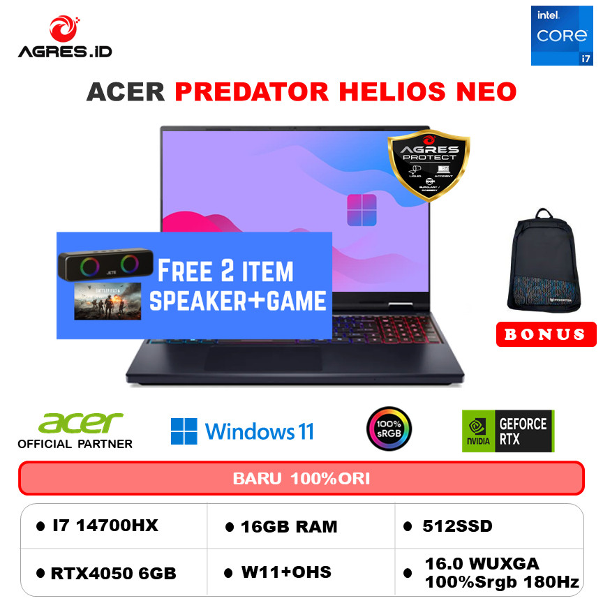 ACER PREDATOR HELIOS NEO 16 I7 14700HX RTX4050 6GB/ 16GB 512GB W11+OHS 16.0WUXGA 180HZ SRGB100 4ZRGB