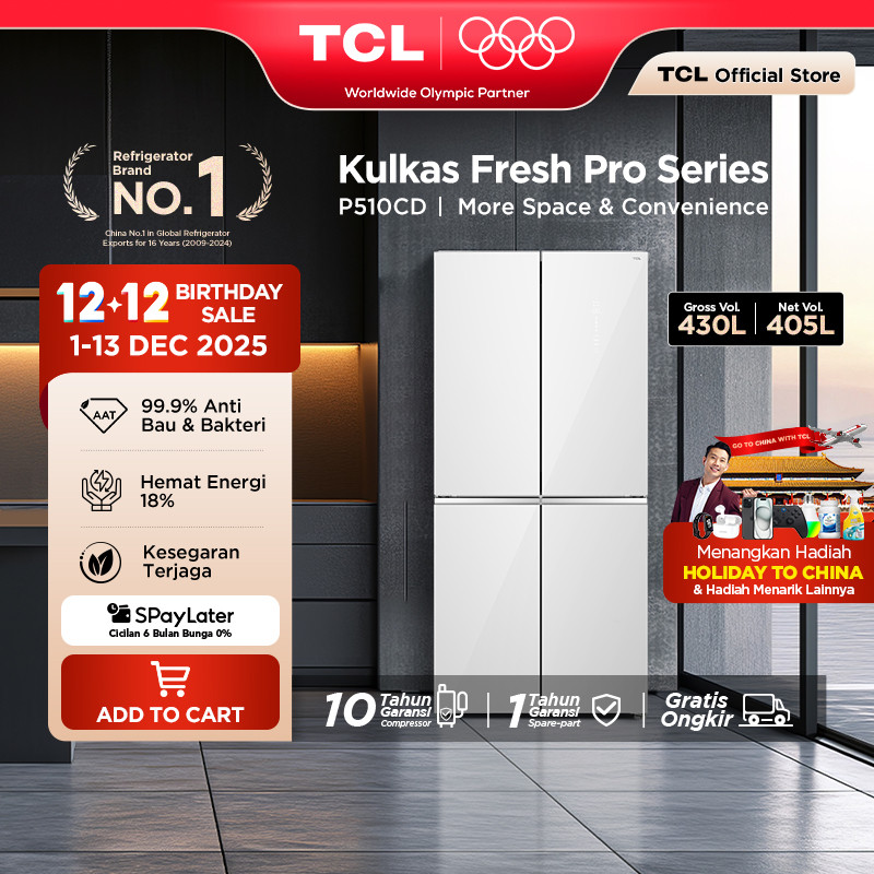 TCL Kulkas 4 Pintu - Kapasitas 430L - Big Capacity - Twin Eco Inverter - AAT Gen 2 Natural Eco Fresh