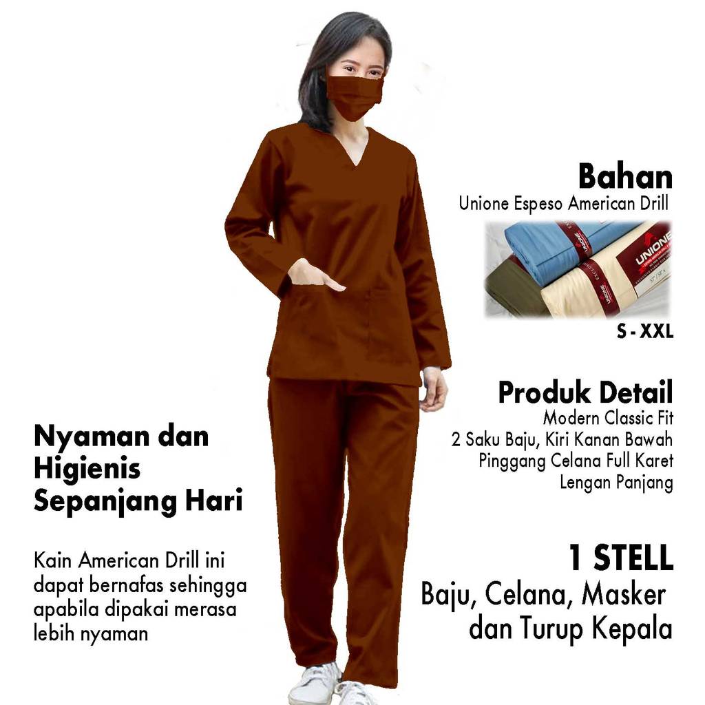 Baju Oka Perawat Wanita Lengan Panjang Unisex, Seragam dokter,  Unione American Dril