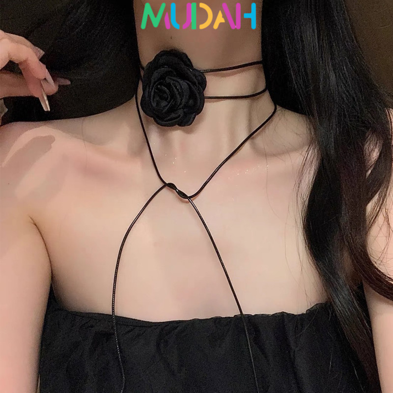 Kalung Choker Bunga Hitam Mawar Necklace Rose Flower Kalung Choker Desain Bunga Mawar Kalung Style K