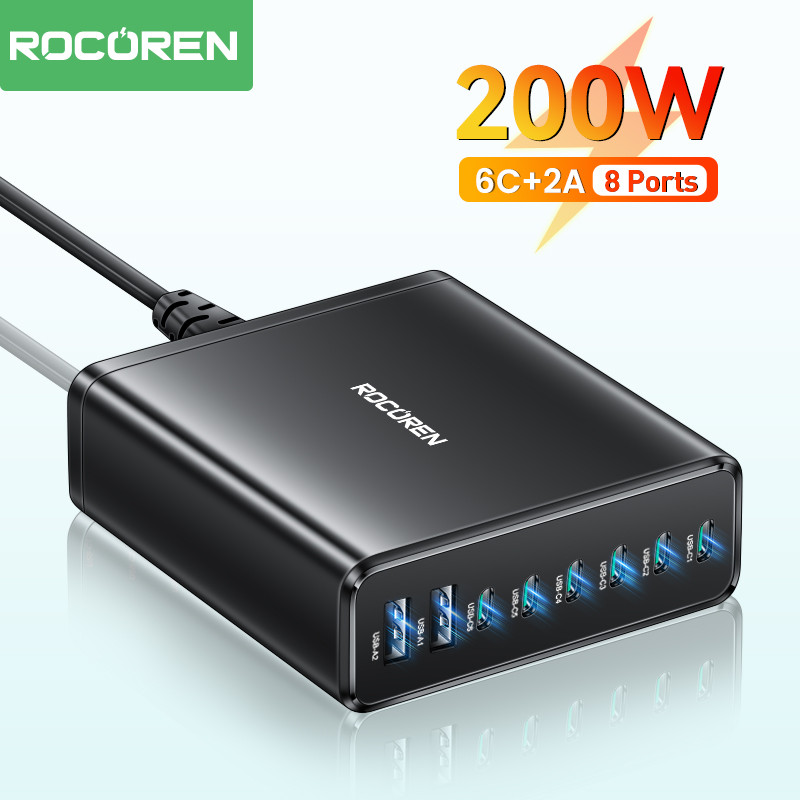 Rocoren 200W Multiple 8 Ports USB Type C High Speed arger Desktop PD Fast arging Power Station For i