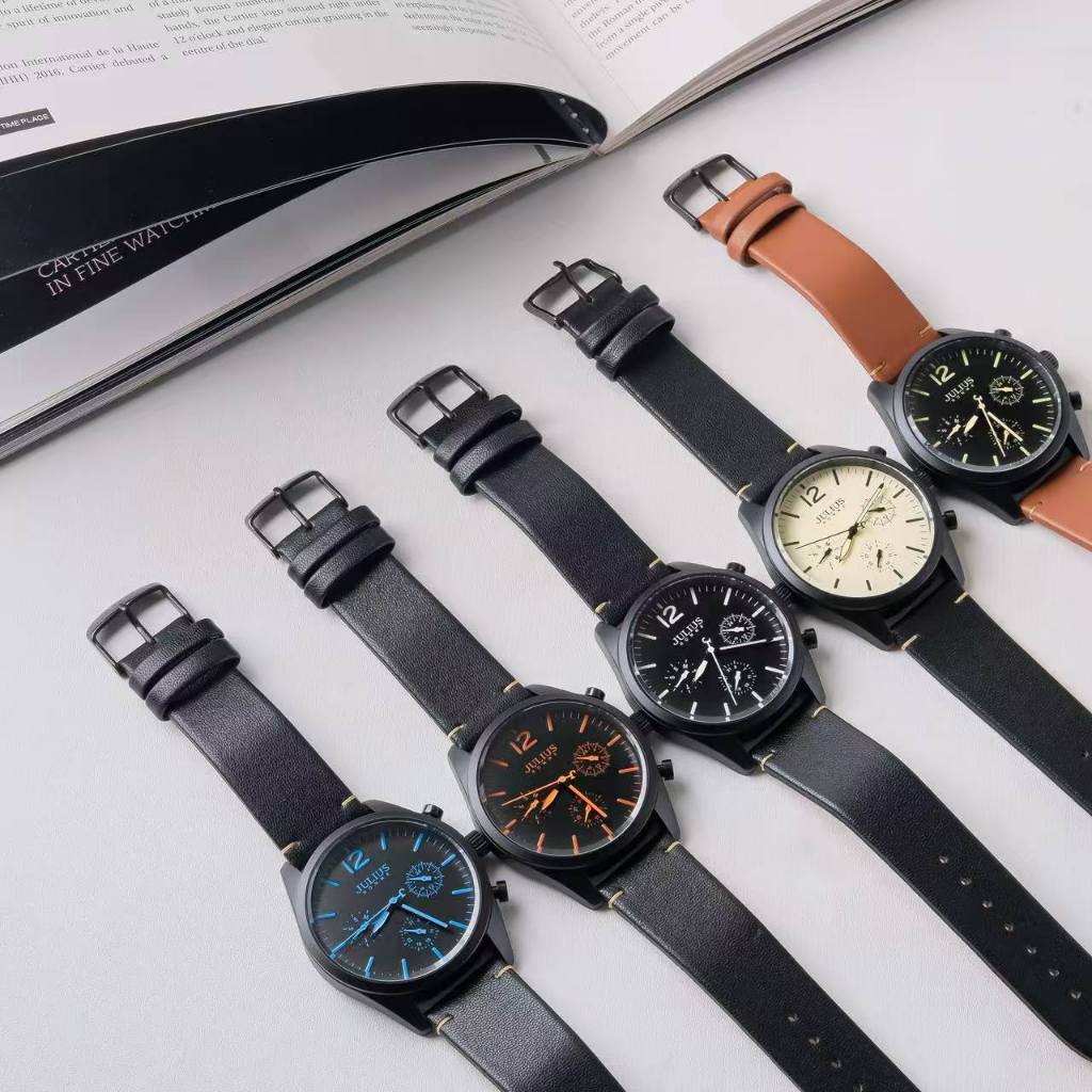 Jam Tangan JULIUS Asli Korea, Tali Kulit, Multifungsi, Kalender, Tampilan Hari, Jam Tangan Pria Taha