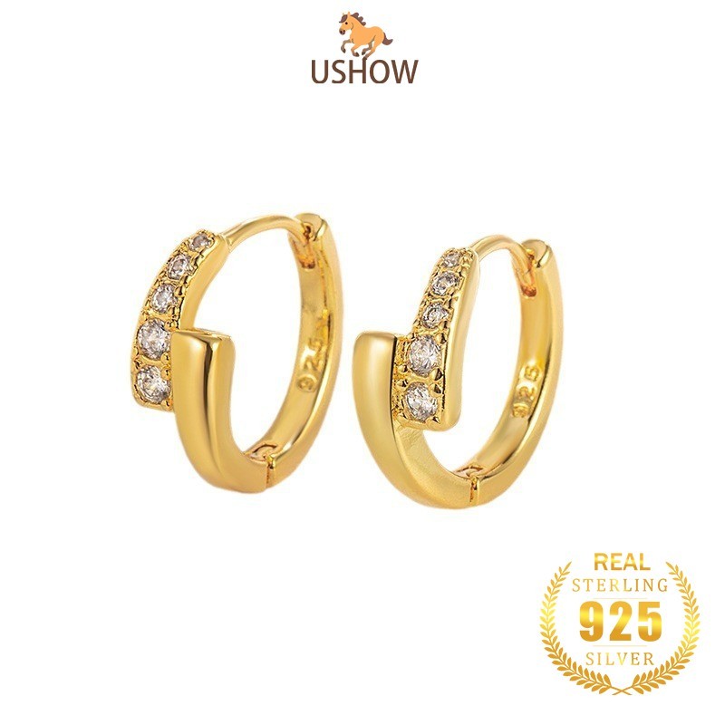 USHOW Anting Wanita Salib Zircon AAAAA Perak S925 Baru