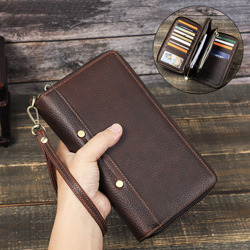 CONTACT'S Men Clutch Bag Genuine Leather Male Long Wallets Multi Card Holder Double Zipper Large Wal