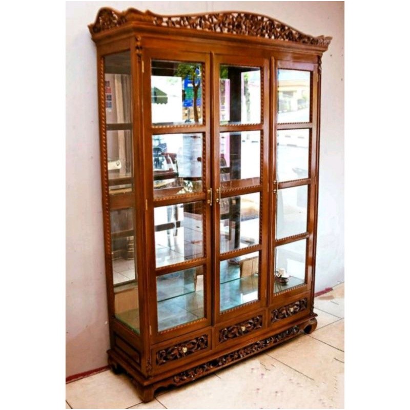 LEMARI KACA HIAS PEMBANG KAYU JATI | BUFET LEMARI PALEMBANG FURNITURE JATI | LEMARI PAJANGAN KACA PA