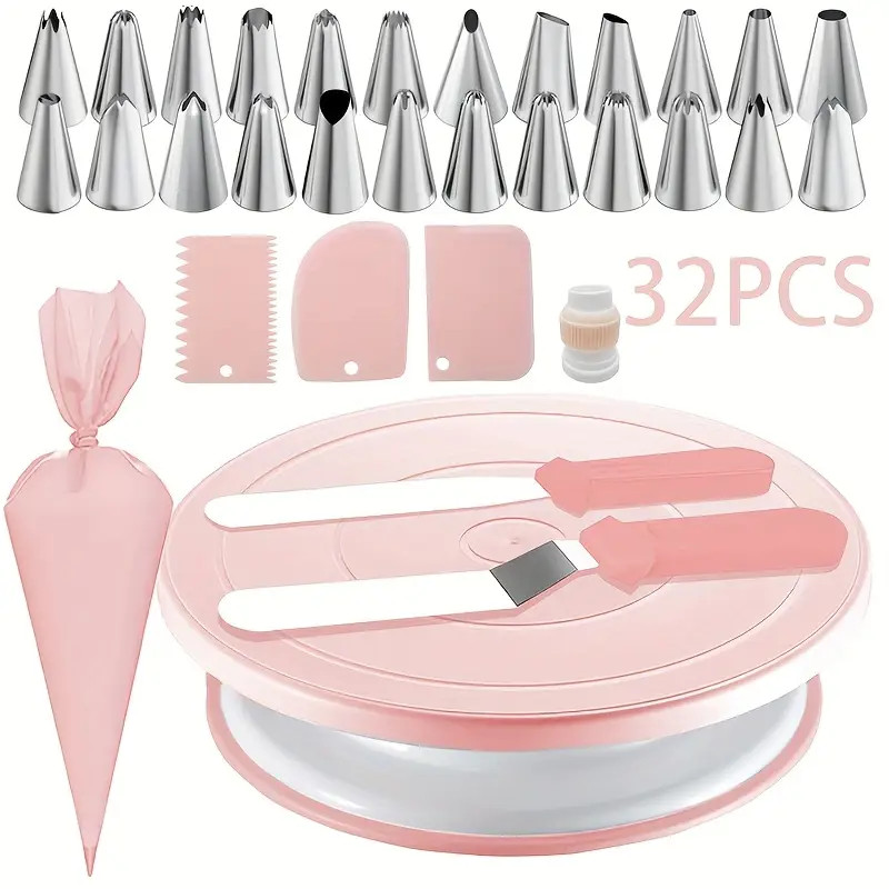 32PCS Cake Decorating Kit with Turntable,Piping Tips,Complete Baking Tools for Beginners,DIY Fondant