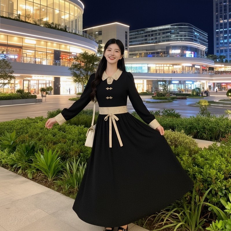 Dress Hitam Anggun Kombinasi Brokat Lengan Panjang - chinese style set dress wanita elegan dress tan