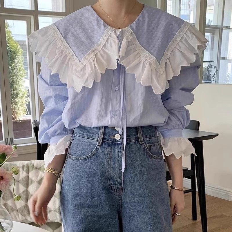 Kemeja Wanita Bergaris Longgar Kerah Renda Biru Tua