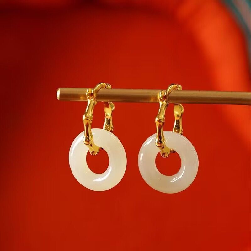 Anting Giok Hetian - Anting Giok Hetian Perak Bentuk Bambu Vintage - Gaya Nasional Baru Tionghoa
