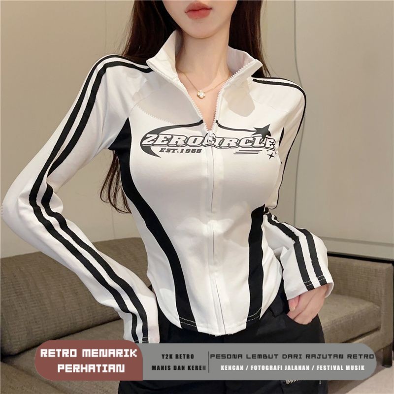 Atasan T-shirt lengan panjang wanita cetak Amerika ritsleting warna kontras olahraga gaya perguruan 