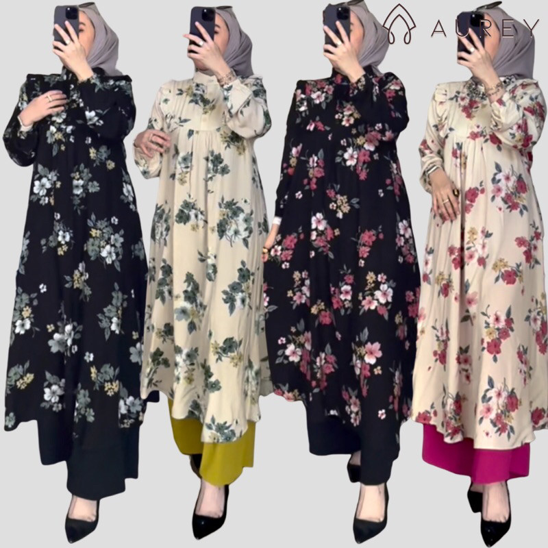 1Y Aurey - oneset long tunik wanita namira setelan tunik panjang rayon busui setelan celana lengan p