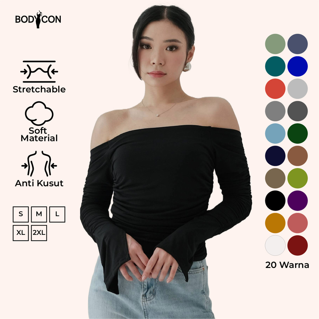 BODYCON Emi | Blouse Off Shoulder Wanita Lengan Panjang - Baju Hitam Elegan Ruched Body Fit | Ukuran
