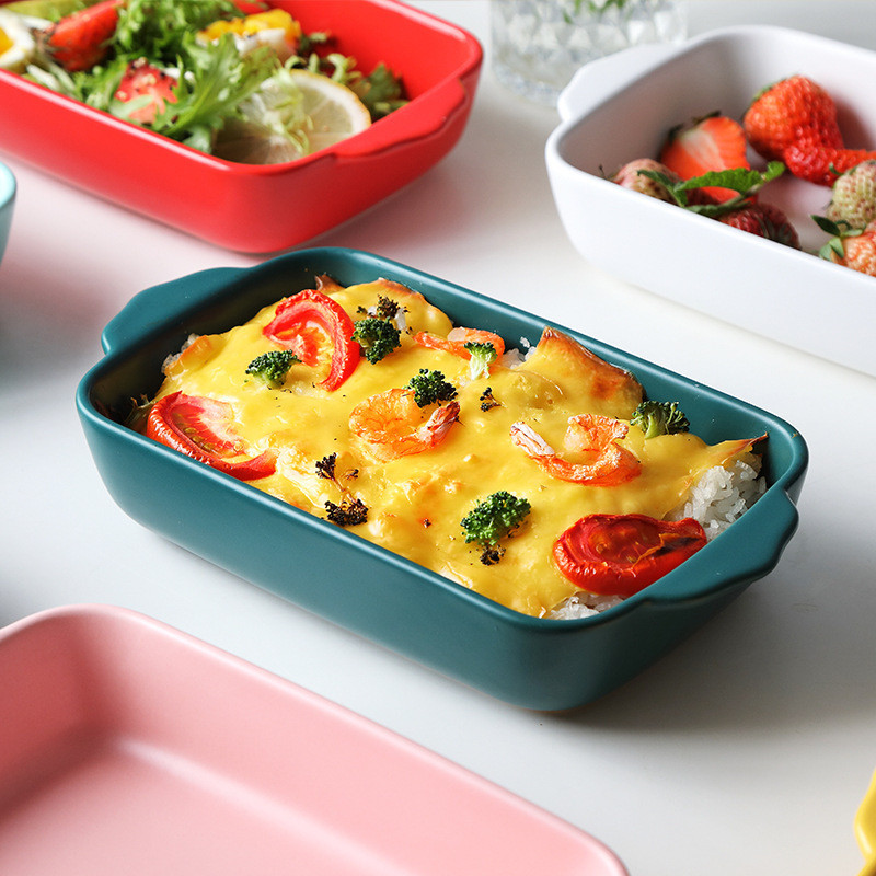 Double Ear Baking Plate Ceramic Cheese Rectangular Oven Household Dishes Tablee Bowl