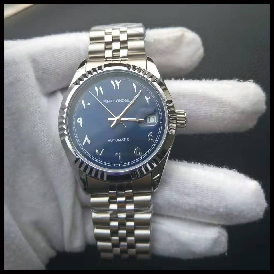 Luxury Steel Arabic Numbers Watches Automatic Movement Urdu Numerals Mechanical Wristwatch Men Water