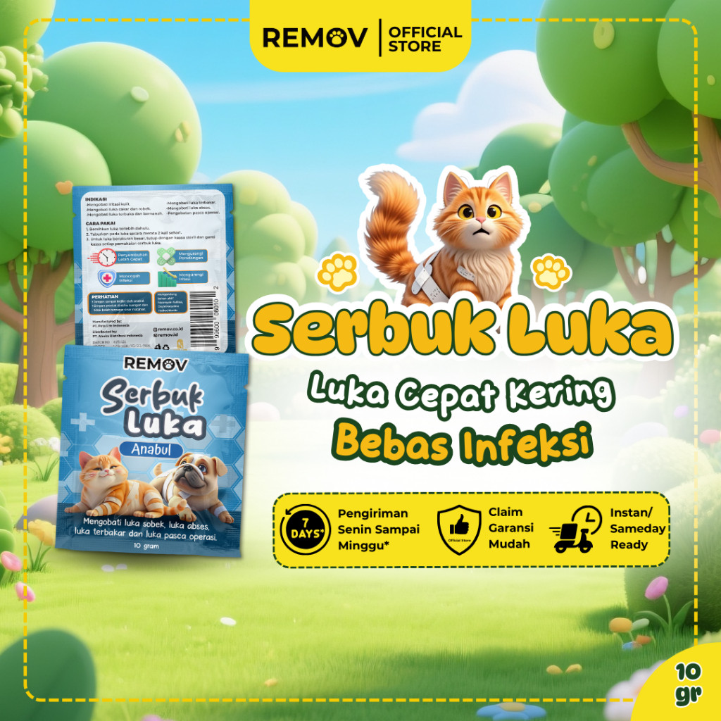 Remov Serbuk Obat Luka Luar Cakar Bernanah Pasca Operasi Antiseptik Antibiotik Kucing Anjing 10gr